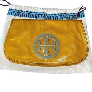 Tory Burch Designer Shinny Mustard Yellow Magnetic Closure Clutch‎ Medium Duster